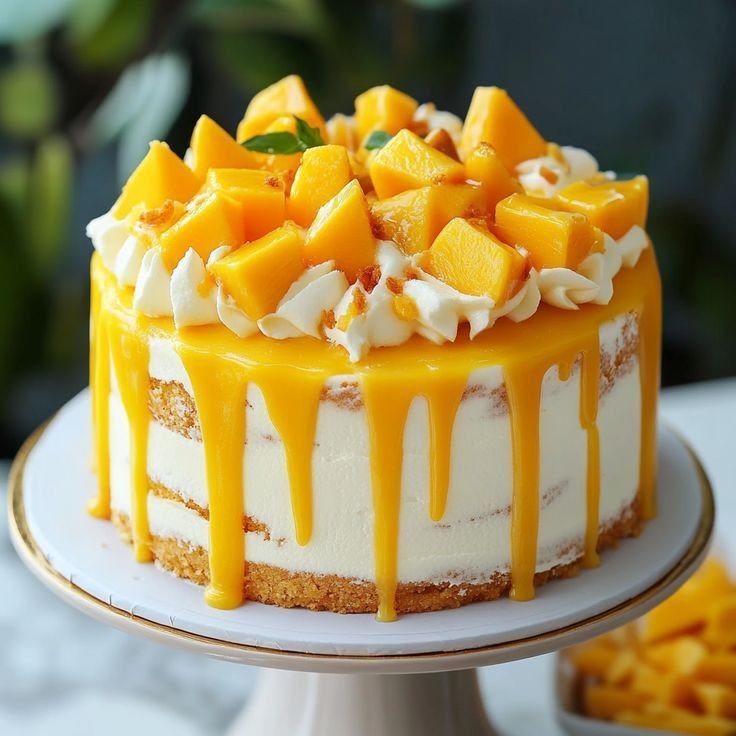 Delicious mango cake fruit cake with yellow drizzel and whipped cream from the best cake shop in kottakkal